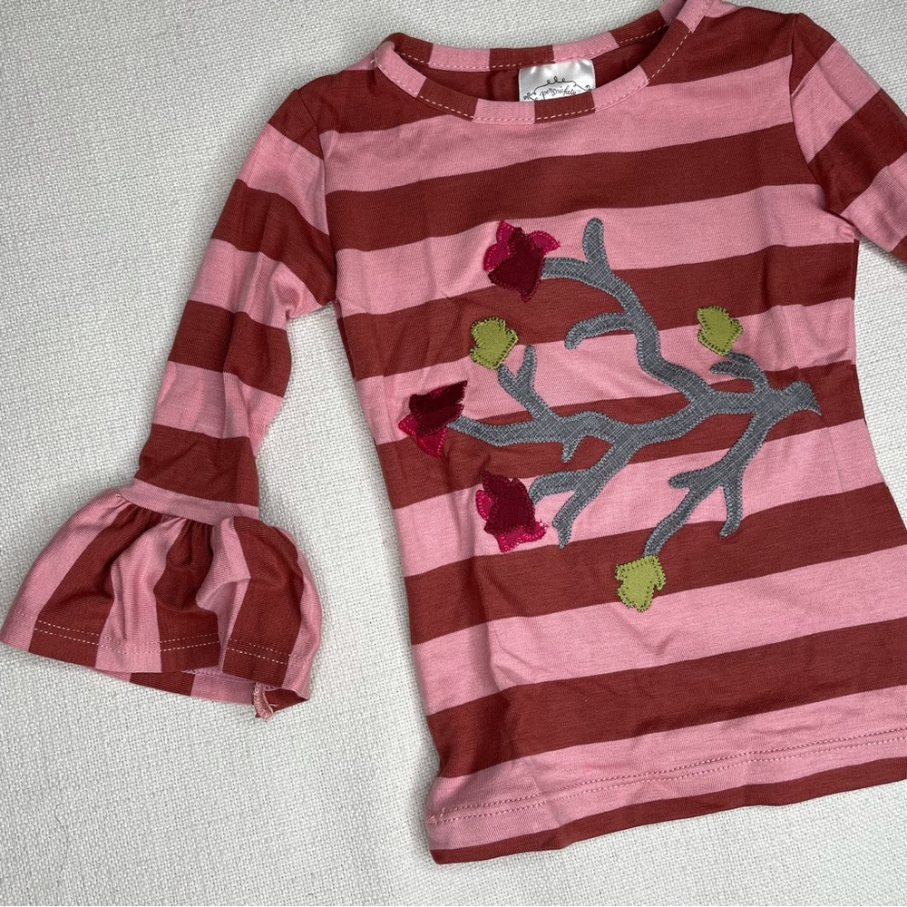 Persnickety Autumn Splendor Ruffle Sleeve Tee Brown Pink Stripe Applique… - Picture 7 of 11